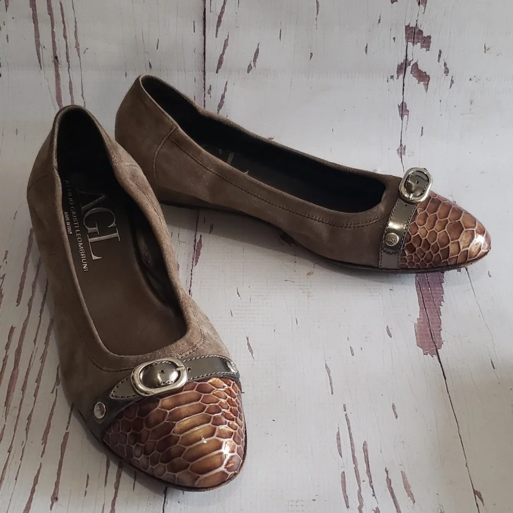 Agl 41 (11) brown/gray toe cap animal print low heel wedges